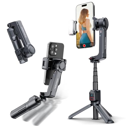 KOSCHEAL A10 Estabilizador para smartphones, 2-Axis estabilizador de telemóvel com luz de preenchimento e tripé com controlo sem fios rotação automática de 360° modo de cena, sem aplicação, para