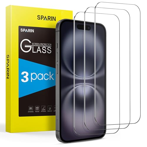 SPARIN Protetor de ecrã para iPhone 16/iPhone 15 Pro/iPhone 15, vidro temperado de 6,1 polegadas cobertura completa 9H dureza, HD transparente, 3 pacotes