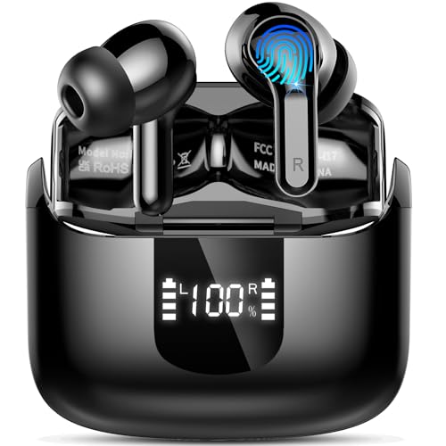 Ordtop Auriculares sem fios, auriculares Bluetooth 5.4 HiFi estéreo com 4 ENC Mic, 40H capacetes sem fios Bluetooth redução de ruído, IP7 impermeáveis auriculares In-Ear, ecrã LED, USB-C