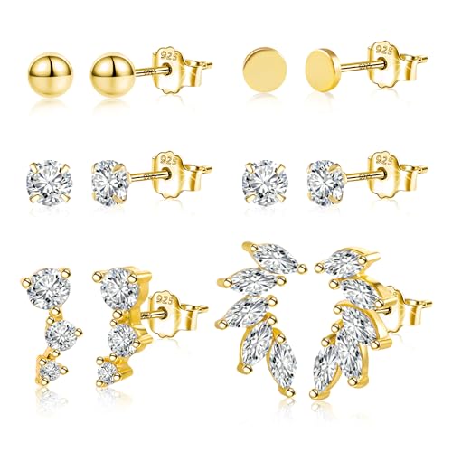 ASH'S CHOICE Brincos de prata 925 para mulher, 6 pares de brincos de prata 925, conjunto de brincos pequenos, multi-pack com brilhantes de zircónio, folha de estrela, lua, bola, brincos