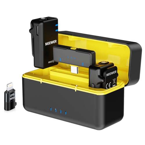 NEEWER KM15 Sistema microfone lapela sem fio, compatível com iPhone Android PC, mini Mic lapela USB C com cancelar ruído, alcance 300 m 48 KHz/24 Bits, bateria de 9 horas para gravação Streaming