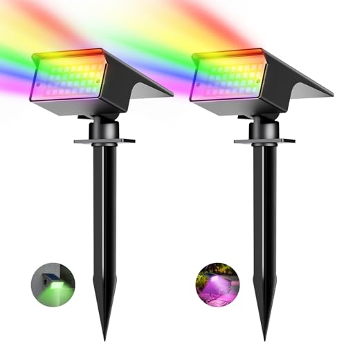 kolpop RGB Luzes solares LED para exterior [2 peças/7 cores], IP65 impermeável holofotes LED solares para jardim, montagem 2 em 1, pátio, 800 LM Focos solares para pátio, piscina, vasos, chão, calçado