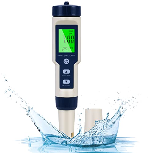 Flintronic Medidor de PH, 5 em 1 PH/TDS/EC/salinidade/temperatura testador de qualidade da água, ecrã LCD com retroiluminação verde, para aquário / hidroponia/piscina