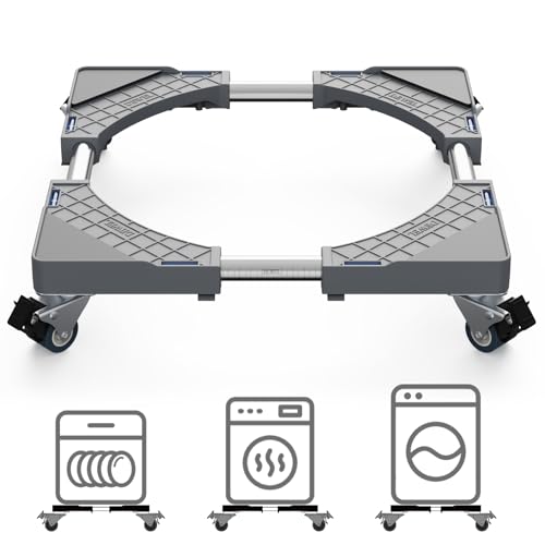 DEWEL Base com 4 rodas com bloqueio para frigorífico, máquina de lavar louça, eletrodomésticos ajustável 45 cm - 65 cm suporte de máquina de lavar carga 200 kg (cinzento)