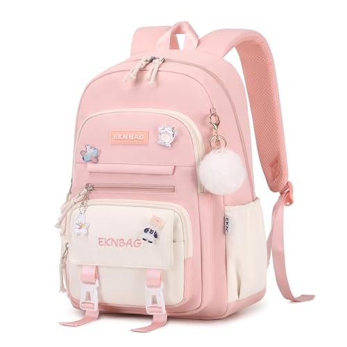 Tanou Mochilas escolares para menina, 20 litros mochila colégio menina com pingente de 8 a 12 anos, leve e impermeável mochila Kawaii escola de nylon para meninas, ROSA, Kawaii