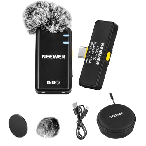 NEEWER Sistema de microfone sem fios para USB C, microfone Lavalier de lapela com cancelar ruído para transmissão Podcast Vlog, mini Lav microfone com clipe compatível com Android iPhone 15, KM15