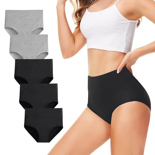 TUUHAW Cuecas de cintura subida em algodão para mulher, pack de 5 cuecas, confortáveis
