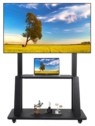 Suporte de TV com rodas para telemóvel resistente de 32 a 75 polegadas ecrãs planos LCD LED OLED suporta até 45 kg suporte de TV portátil com rodas com prateleira de altura ajustável preto