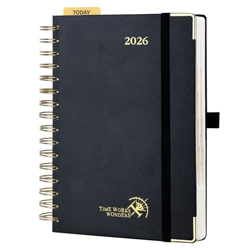 POPRUN Agenda 2026 Dia por página espiral 21,5 x 14,5 cm, A5 capa dura em planeador diário 12 meses de janeiro 2026 a dezembro 2026, 80 GSM papel, preto