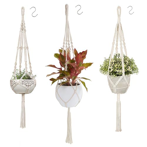 flintronic 3 peças Gancho de plantas, planta cabide de corda de algodão, MacEJOOY cabide de plantas com anel de metal e borlas, para interior/exterior decoração, com 3 peças S ganchos - 105 cm