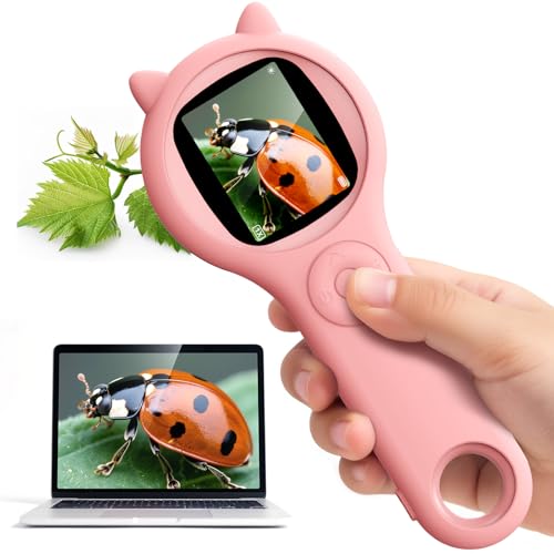 Microscópio para crianças 200X - Microscópio portátil de 2 polegadas com 8 LEDs ajustáveis, microscópio digital compatível com gravação de fotos e vídeos, crianças dos 3 aos 12 anos (rosa)