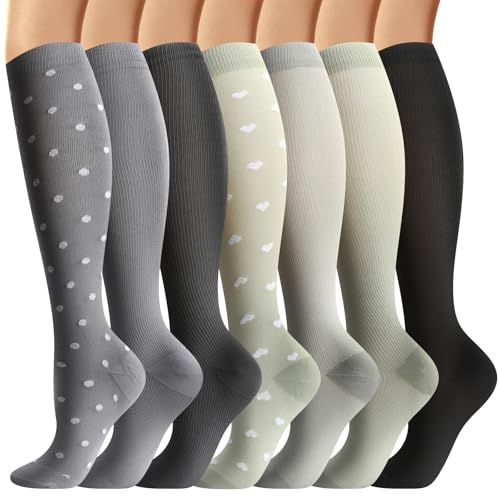 Losvcbcx 7 pares de meias de compressão para mulheres e homens de 15 a 20 mmHg são as melhores meias desportivas e médicas para corrida, voos, viagens, enfermeiros