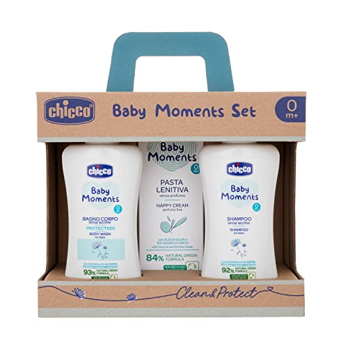 Set Chicco Baby Moments com casa de banho corporal de 200 ml, champô sem lágrimas de 200 ml, massa calmante de 100 ml, ideia para presente, 0 meses