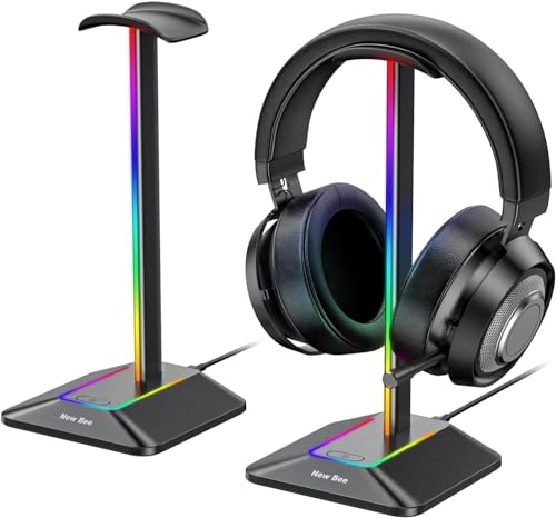 New Bee Suporte auriculares RGB, suporte capacetes para jogos de vídeo, acessório LED com 7 modos de iluminação, base de borracha antiderrapante, para PC Gamer, auriculares Gaming, preto