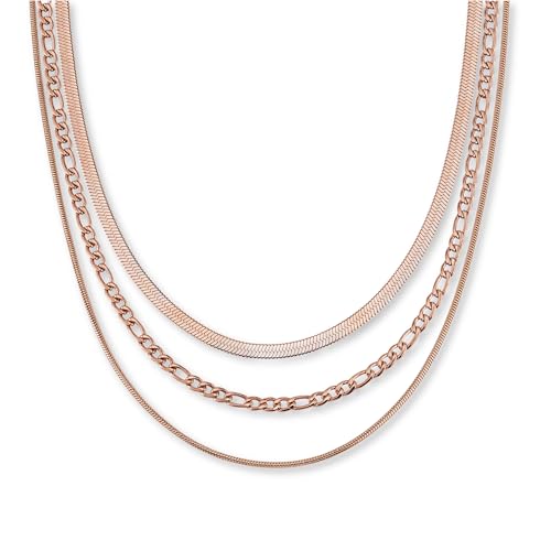 Corrente de aço inoxidável de 3 peças para senhoras - conjunto de corrente impermeável em ouro de 18 quilates, ouro rosa ou prata | corrente em camadas - corrente de cobra (2 mm, 4 mm), corrente