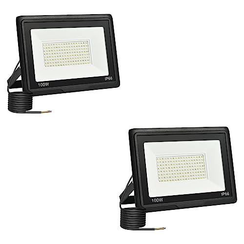 Foco LED para exterior, 100 W, projetor LED de 10000 LM holofotes exteriores, 6500 K, branco frio, impermeável, IP66, projetores exteriores para garagem, jardim, pátio, parque, 2 peças