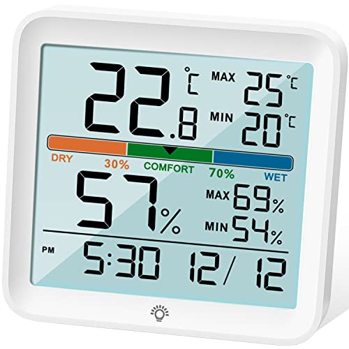 NOKLEAD Higrómetro Termómetro para interiores - medidor digital de humidade da sala medidor de monitor de temperatura preciso registos máximos/mínimos, LCD tátil com relógio retroiluminado