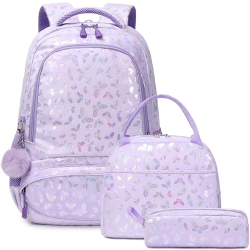 Kimwadalh Mochila menina escolar mochila menina primária mochila infantil arco-íris mochila escola menina mochilas escolares multicor mochila Glitter para meninas, Borboletas pelúcia roxa, M, Mochilas