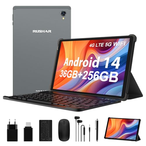 RUSHAR Tablet Android 14 polegadas de 10,4 polegadas com 36 GB RAM+256 GB ROM (2 TB TF), Tablet 4G LTE+5G WiFi, Octa-Core 2,0 GHz, INININELL 2000 * 1200,8000 mAh, 13 MP +8 MP, T,T,Tablet tablet com