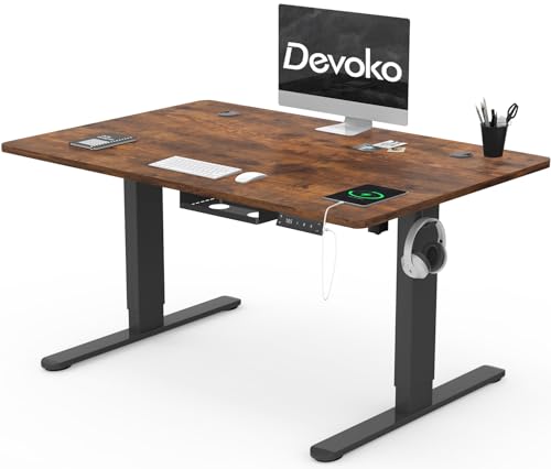 Devoko Mesa elétrica elevável de 120 x 80 cm de carregamento USB A, mesa ajustável em altura com painel, 3 funções de memória e anticolisão, regulável em altura 72-118 cm, castanho