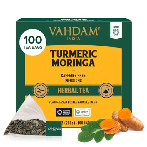 VAHDAM Chá de ervas de açafrão e moringa | 100 sacos pirâmidais | sem cafeína | mistura de ervas com especiarias indianas, ingredientes naturais, embalado na Índia