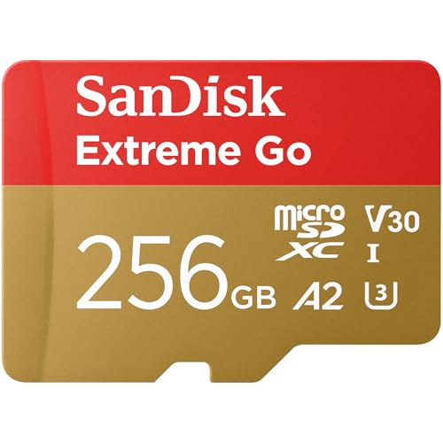 SanDisk Extreme Go Cartão micro SD 256 GB adaptador SD (para smartphones e tablets Android, Action Cams, Drones, UHS-I, até 200 MB/s, 5k, 4K UHD, V30, Rescue PRO Deluxe, Class 10, U3) para Amazon