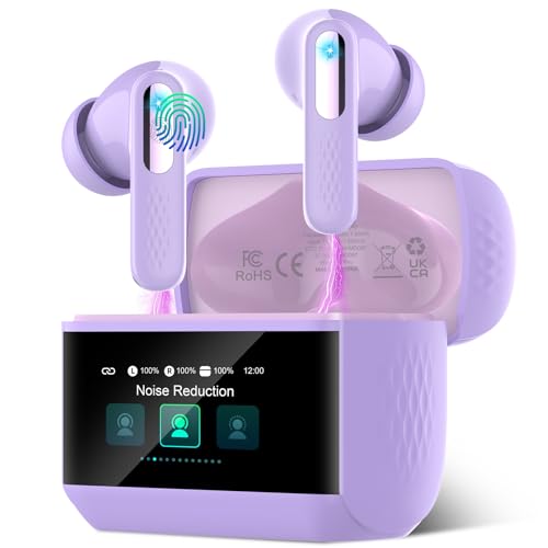 Auriculares sem fios com ecrã tátil LED, 2025 auriculares Bluetooth 5.4 HiFi estéreo com HD Mic, 48H capacetes sem fios com redução de ruído ANC+ENC, 5 modos EQ, IP7 impermeável, roxo