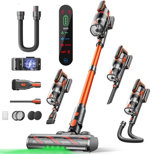 45KPA/550 W Aspirador sem cabo com tablet cromático, 60 m, potente aspirador vertical anti-emaranhado, modo automático para pavimentos/tapetes, 1,6 l, 1 m tubo flexível/kit escovas, LED tátil