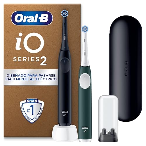Oral-B iO 2 Pack de 2 escovas de dentes elétricas preto noite e verde floresta, 2 cabeças, 1 estojo de viagem, 1 suporte de substituição, 3 modos de escovagem, sensor de pressão e temporizador