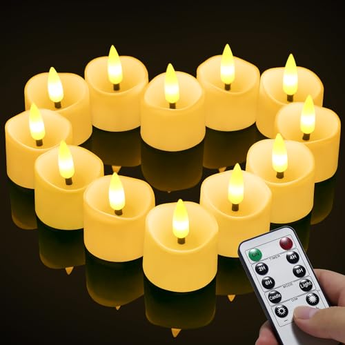 daphome Velas LED sem fogo velas de chá, velas sem chama LED piscando luz amarela quente para casa festivais decoração, casamentos e festas (12 peças com temporizador e chama 3D)