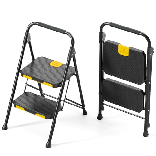 KINGRACK Escada dobrável de 2 degraus com bloqueio de segurança, escada de tesoura doméstica carga até 360 kg, com pedal largo antiderrapante, corrimãos, banco de aço, para casa, cozinha, preto