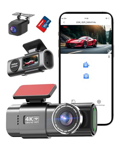 Câmara de carro frontal e traseira, 4 K + 1080P WiFi Dashcam com cartão 64G, controlo App, WDR, super visão noturna, 170° 140° ângulo largo, G-Sensor, monitor de estacionamento, gravação de Banco ucle