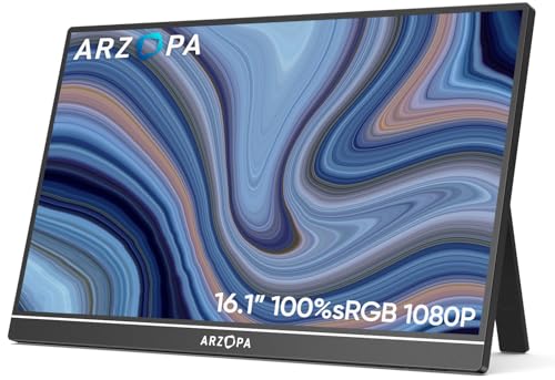 ARZOPA 16,1" Monitor portátil, 1920 × 1080 FHD IPS, monitor portátil com uma única haste, suporte HDMI/Type-C/USB-C, de proteção ocular, para computador portátil/PC/Mac/PS3/4/5/Xbox