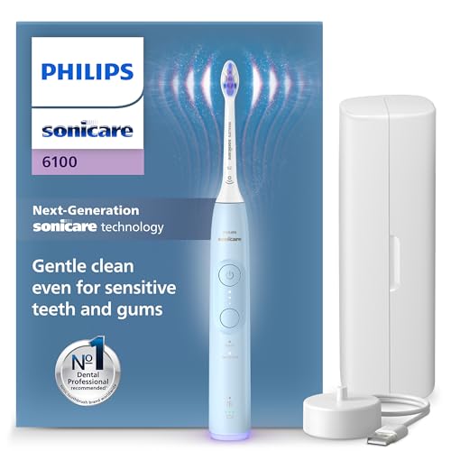 Philips Sonicare 6100 Escova de dentes elétrica, escova de dentes sónica com 2 modos de escovação e 3 níveis de intensidade, alerta de pressão, EasyStart, SmarTimer e BrushPacer, azul claro, HX7406/02