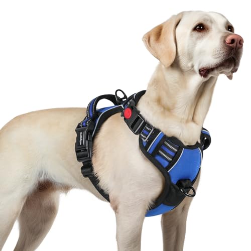rabbitgoo Arnês médio para cão com 3 fivelas, libertação do pescoço, arnês ajustável com alça e clipe frontal, arnês antipuxões para cães refletor, para treino correr, azul, L