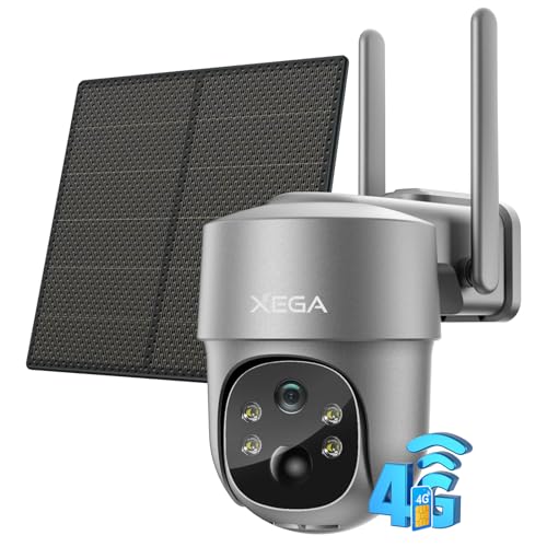 Xega 4G LTE Câmara de vigilância exterior com Sim, câmara 4G solar sem cabo com bateria 2K HD PTZ 355°/90°, visão noturna, detecção de movimento, armazenamento local e nuvem, IP66