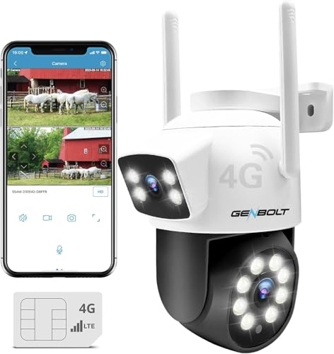 GENBOLT 3G/4G LTE Câmara de segurança ao ar livre sem WiFi, câmara de vigilância celular de lente dupla com cartão SIM, 24/7 gravação contínua câmara de vigilância PoE IP com rastreamento humano