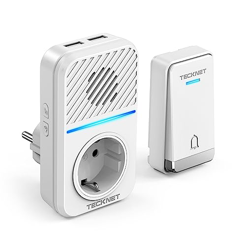 TECKNET Campainha sem fio, 400 m campainha sem fios auto-alimentada, IP65 campainha eletrónica impermeável, kit de campainha com tomadas USB externas e luz LED, 60 melodias, 5 níveis de volume