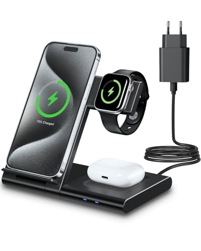 WATOE Carregador sem fios 3 em 1, Wireless Charger rápido suporte de carregamento sem fios para iPhone 16/15/14/13/12/11/Pro/Max/XS/XR/X/8/Plus, Apple Watch 10/9/8/7/6/SE/5/4/4/4/4 3-2 & AirPods