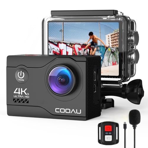 COOAU Câmara desportiva 4K, WiFi, 20 MP, câmara de ação submergível em até 40 m com controlo remoto e microfone externo, câmara aquática com 2 baterias de 1200 mAh e vários conjuntos para bicicleta e capacete de mergulho