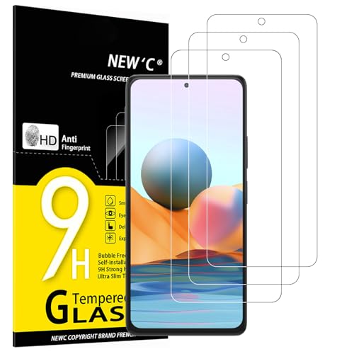 NEW'C 3 peças, protetor de ecrã para Xiaomi Redmi Note 10 Pro, 10 Pro Max 4G, vidro temperado anti-riscos, anti-impressões digitais, sem bolhas, dureza 9H, 0,33 mm ultra transparente, ultra resistente