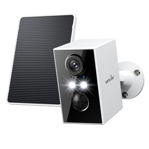 wansview Câmara de vigilância WiFi exterior solar - 2 K câmaras vigilância domicílio WiFi 2,4 G hz segurança sem cabo com bateria, PIR sereia, visão noturna cor, compatível com Alexa, IP65