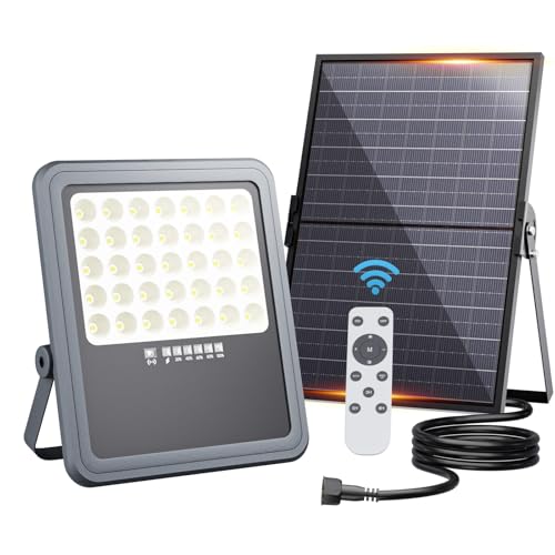 HOOLED Foco solar exterior potente com controlo remoto, 18 000 mAh 6500 K focos LED exteriores solares de painel IP66, candeeiros solares para jardim, terraços, garagens, com cabo de 2,5 m