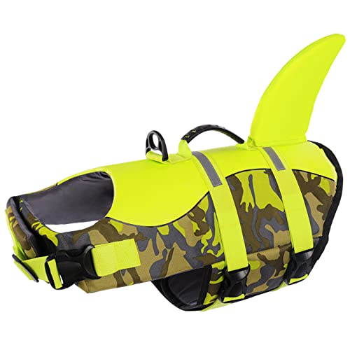 Queenmore Colete salva-vidas ajustável para cães, colete salva-vidas Ripstop com alta flutuabilidade e alça de resgate durável para cães pequenos e médios (GreenCamo, M)