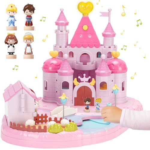 fygurso Dream Princess Castle Playset com 4 brinquedos móveis de controlo magnético, brinquedos magnéticos de construção de casa de bonecas com luz e música para brincar de simular, presente para