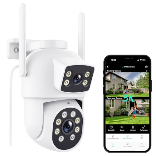 Reobiux 3K Câmara de vigilância WiFi exterior com lente dupla, 6 MP, câmara IP PTZ exterior, deteção humana, visão noturna colorida, áudio bidirecional, gravação contínua 7/24, IP66