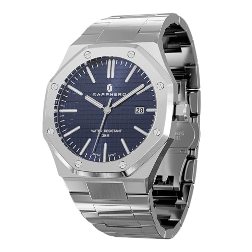 SAPPHERO Relógio de homem impermeável 30 m quartzo prata correia de aço inoxidável data calendário preto azul homens relógios presentes de pulseira para homens