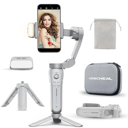 KOSCHEAL L7BPro Estabilizador de telemóvel, 3-Axis Gimbal estabilizador para smartphone com luz de preenchimento e tripé, AI Powered seguimento facial para vídeo de Vlog/Youtube/TikTok com App