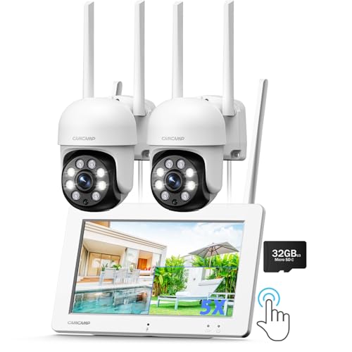 Camcamp Kit Câmeras de vigilância exterior com monitor, monitor 3 MP de 7 polegadas com ecrã tátil NVR com 32 GB Micro SD, visão noturna de 360° PTZ, detecção de movimento, 2 vias de áudio, APP remoto