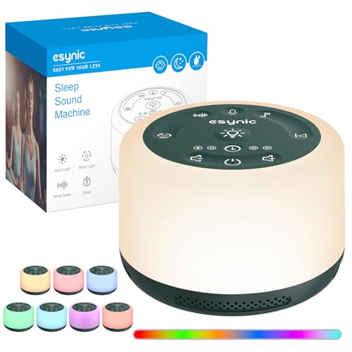 Máquina de ruído branco eSynic máquina de som portátil para dormir para bebé com 30 tipos de sons relaxantes, luz noturna ajustável, temporizador, bateria incorporada de grande capacidade